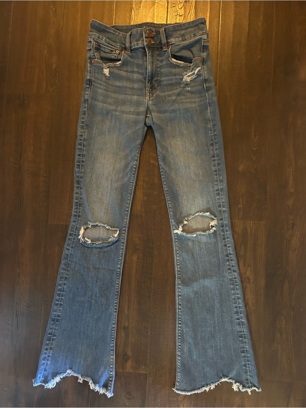 American Eagle Outfitters Distressed Flare Jeans - Medium Blue
